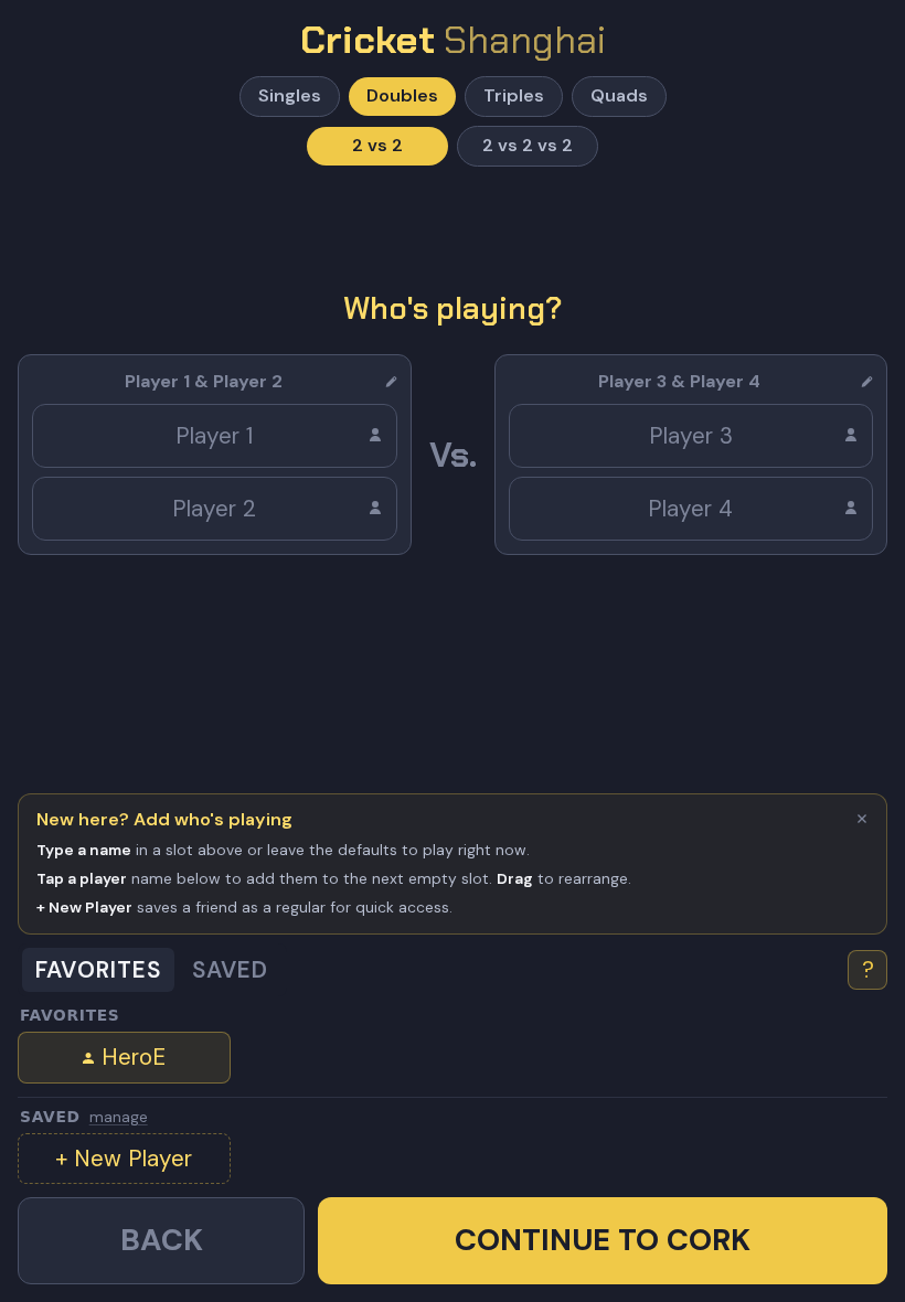 Doubles team setup — Player 1 & 2 vs Player 3 & 4